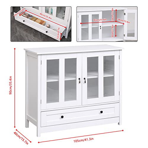 Large Buffet Cabinet For Living Room Kitchen, White Storage Sideboard With Glass Doors And Drawer, Credenza Console Table For Dining Room Entryway, Wooden Serve Cupboard Pantry Cabinet With Shelves #TOP1