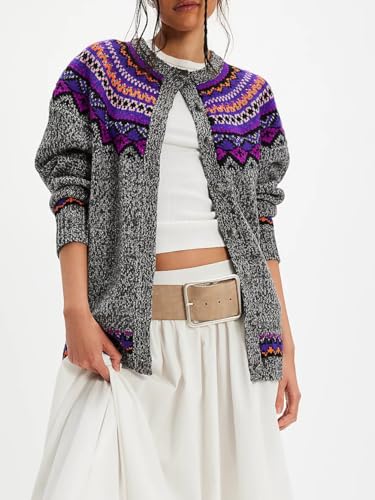 Women Floral Cardigan Sweater Vintage Button Down Crew Neck Knitted Sweaters Y2k Drop Shoulder Colorful Oversized Top2