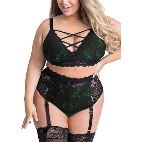 EVELUST Plus Size Lingerie for Women - Sexy Luxe Criss-cross Bra Lace Cup Classic Underwear High Waisted Suspender Set(BlackGreen, 3XL-2, 828e) Cover
