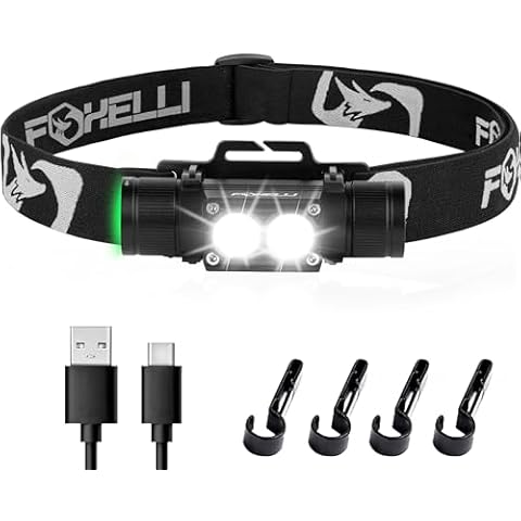 Foxelli Ultra Bright Rechargeable Headlamp – 18650 Battery, IPX7 Waterproof, 1200 Lumen LED Light for Work & Outdoors, with Battery & Hooks - Perfect for Hard Hat or Helmet Cover