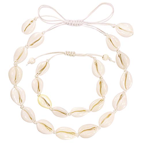 Puka Shell Necklace Choker - White Seashell Necklace Bracelet Set Handmade And Black Pooka Shell Necklace Choker with Pearl Hawaii Wakiki Beach for Summer