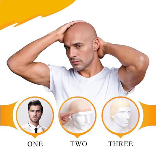 Gvhntk 8 Packs Halloween Makeup Latex Bald Caps With Nylon Bald Head Wig Caps 2 Size For Women Men Adult Youth Halloween Party Costume Accessories (skin color, S+L, Bald)