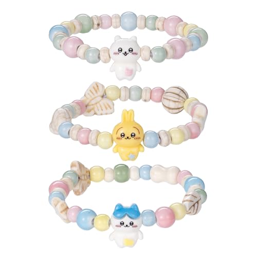 Gujjdgk 3 Pcs Kawaii Bracelets Set Ceramic Bead Bracelet Elastic Beaded Pearl Bracelets Jewelry for Women Bff Friendship Gift (Multi)