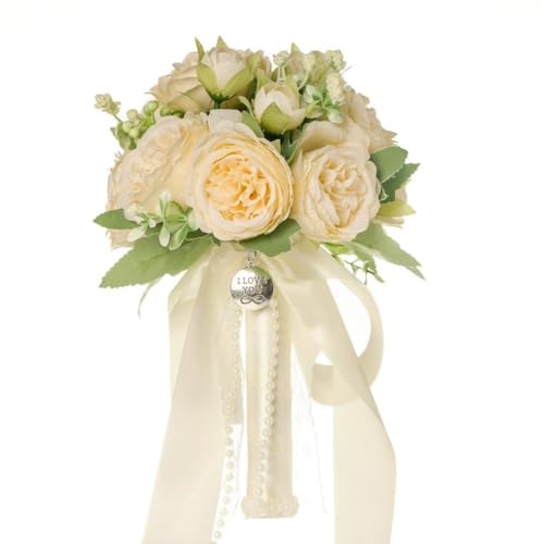 Wisafory Brautstrauß Hochzeitsstrauß Hochzeit Brautstrauss mit Perlen Vintage Brautschmuck Seidenblumen Künstliche Rosenstrauß Bouquet Brautjungfer Schöner Künstlich Blume für Hochzeit Champagner