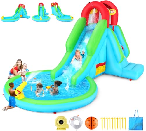 Inflatable Water Slide with Blower, 13x8.3x7.1 FT Blow Up Water Slide for Kids, 5-in-1 Compact WaterPark w/Long Slide, Water Cannon, Climbing Wall & Splash Pool for Backyard Outdoor Fun