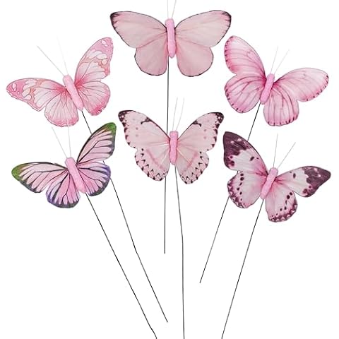 Cartanfill- Artificial Feather 3D Butterfly Party Decorations Set of 12 with Wire, 6 Color Pink Ornaments for Home Decoration. Cover