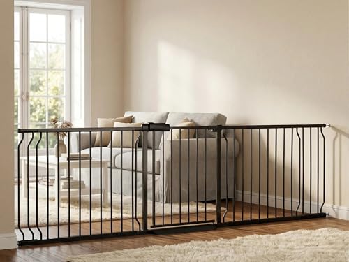 Heavy Duty Baby & Dog Safety Gate 86-104.7 Inch, Black Metal, Pressure Mounted No Drilling Pet Gate for Large Openings