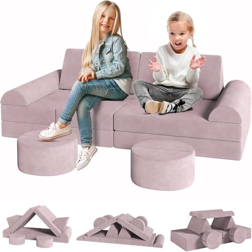 Clevich 15 Piezas Sofá Modular para Niños,Sofá Infantil Convertible,DIY Sofá Seccional,Sofa Niños Infantil,Sillón Infantil,Muebles de Juego para Sala de Juegos y Dormitorio (Rosa)