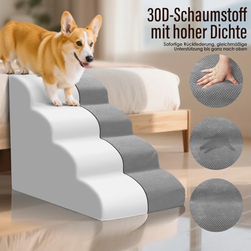 Thihome Hundetreppe 4 Stufen, 50cm hoch Schwamm Haustiertreppe für Hunde und Katzen, rutschfest Haustierleiter Katzentreppe mit Waschbar Bezug für Sofa Bett, Grau