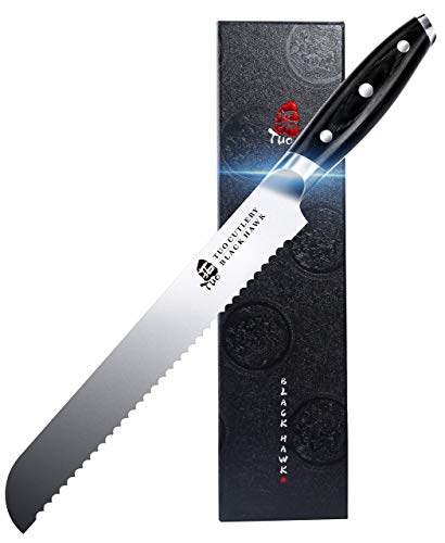 TUO Bread Knife - 9 inch Serrated Bread Cutter Cake Knife - German HC Steel Bread Slicer - Full Tang Pakka Wood Handle -BLACK HAWK SERIES with Gift Box