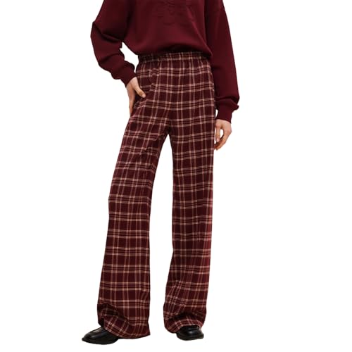 GOELIA Checkered Pants Women Plaid Elastic Waist Palazzo Long Stretchy