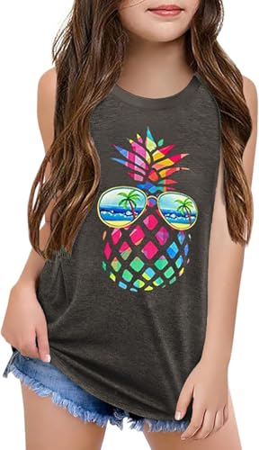 Image of Qbily Tank Tops for Girls Kids Summer Casual Cute Sleeveless Crewneck Graphic T Shirt 5-14 Years