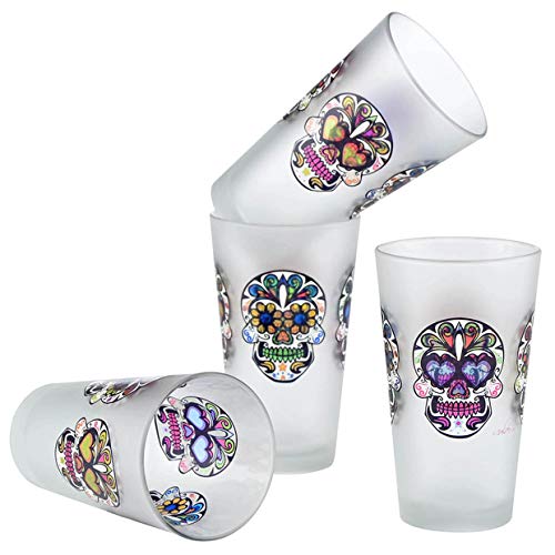 Culver Sugar Skulls Decorated Frosted Pint/Pub Beer Glasses, 16-Ounce, Set of 4