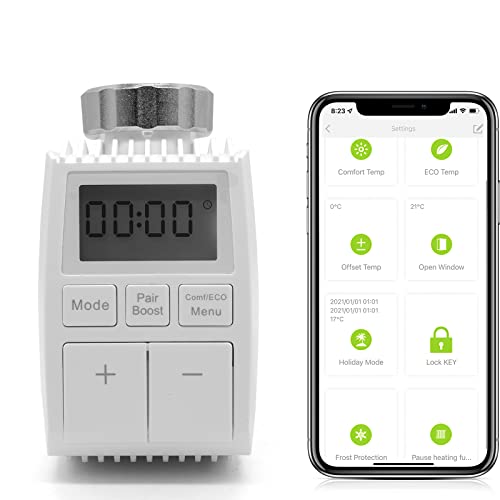 BSEED Smart Home Wifi Termostato Riscaldamento (Zigbee Hub richiesto) Valvola termostatica ECO risparmio costi di riscaldamento compatibile con display LCD Alexa Google Home Tuya senza batterie