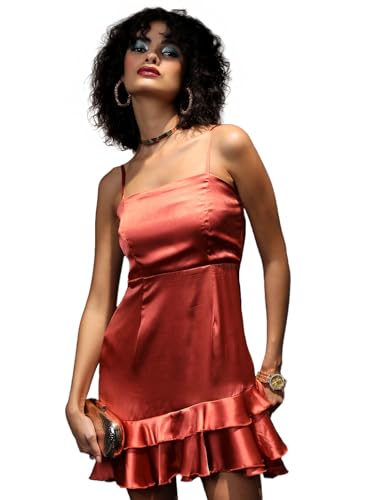 Tokyo Talkies Women Rust Satin Frill Detail Strapy A-Line Dress