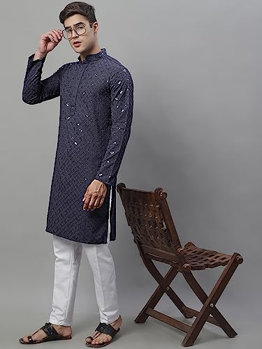 Image of Jompers Men's Chikankari Rayon Regular Fit Embroidered and Sequence Kurtas Only