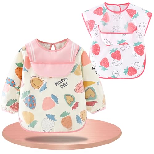 KZSAORN Pack 2 Baberos con Mangas Largas y Cortas Impermeables, Baberos con Mangas Baby Led Weaning y Pintura para Bebés 6-36 Meses Alimentación y Actividades Artísticas (Rosa, Mediano)