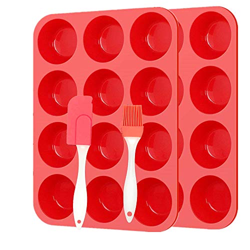 2 pcs Molde para Magdalenas Silicona and 1pcs Espátula, mini Muffin 12 tazas , Recubrimiento Antiadherente, Cupcake Brownie Budín Latta de Mollete Muffin Bandeja para Hornear Panecillos (RED/2pack)