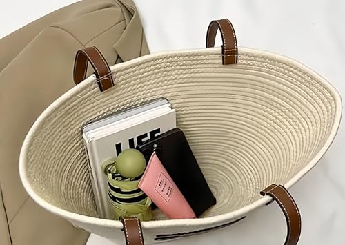 Tote Bag for Seaside Vacation,Lightweight Large Capacity Woven Bag for Women,Leather Handles, Summer Beach (Shoulder,Handbag) ﻿3