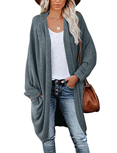 MEROKEETY Women s Waffle Knit Batwing Long Sleeve Cardigan Loose Open Front Sweater Coat, DustyGreen, L