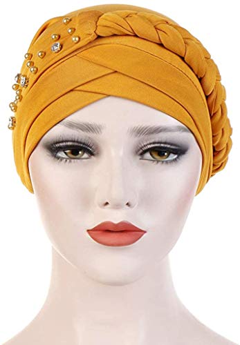 Women Girls Turban Hat, Rhinestone Pearl Braid Turban Head Wrap Baggy Slouchy Beanie Chemo Cap Headwear Hair Wrap Pink #TOP2