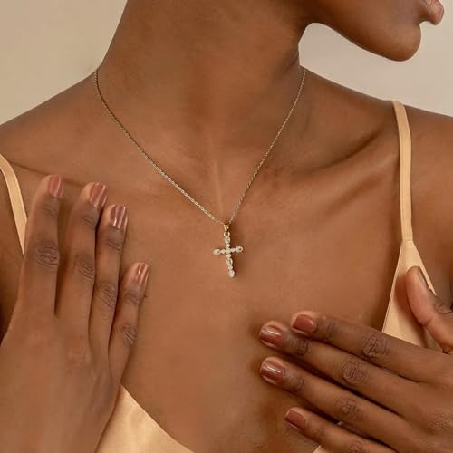Aohik 14K Gold Plated Cross Pendant Necklaces for Women Trendy, Dainty Choker CZ Cross Necklace Non Tarnish,Simple Tiny Cross Necklace for Mother's Day Jewelry Gifts — view 3