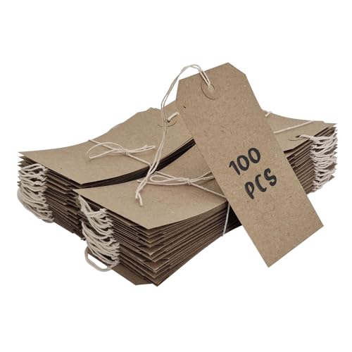 Swift Strung Tags Brown Reinforced Card Clothing Parcel Label String Hanging Gift Swing Tickets Kraft Hang Price Labelling 120mm x 60mm (Pack of 100)