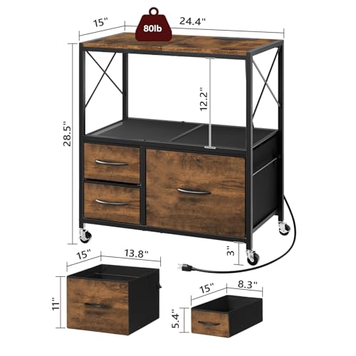 MAHANCRIS File Cabinet with Charging Station, 3 Drawer Lateral Filing Cabinet for Home Office, Mobile Printer Stand with Open Shelf, Fits A4/Letter Size File, Nonwovens Drawer, Rustic Brown FCHR98E01 by MAHANCRIS - Image 4