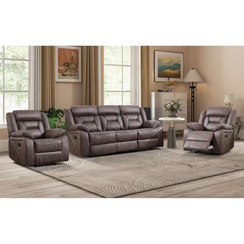 Image of EBELLO Faux Leather Recliner Sofa Furniture Set for Living Room, 2 Recliner Chairs, 3 Seat Reclining Sofa Couch Set for Meeting Room, Grey
