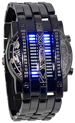 Binary Matrix Blue LED Digital Watch Mens Classic Creative Fashion Black Plated Wrist Watches (Black Blue)