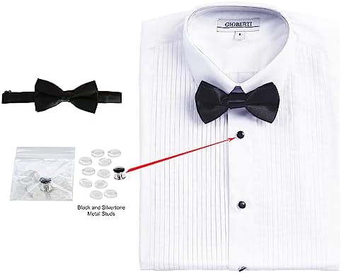 Gioberti Boy's White Tuxedo Dress Shirt, with Bow Tie and Metal Studs, White, Size 16