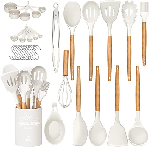 LVEON - Juego de utensilios de cocina de silicona antiadherente, 33 piezas, con soporte, mango de madera, juego de herramientas pequeñas de cocina de silicona (blanco), LV77
