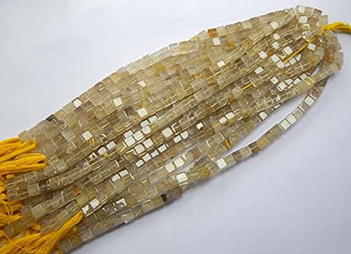 Quartz rutilé doré naturel fil de perles cubes 3D lisses 5-6mm briolette pour création bijoux DIY