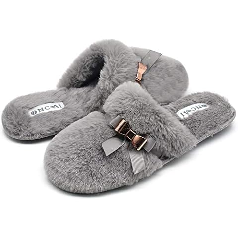 ONCAI Womens Slippers Mothers Day Gifts Memory Foam Fuzzy Furry House Ladies Slippers Anti-Slip Cozy Warm Faux Fur Bedroom Fluffy Slippers Women,Grey UK 7 Cover