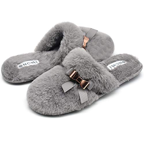 ONCAI Chaussons Femme Duveteux Fausse Confort d'Hiver Chaud Pantoufles Femme Moelleuses Toison De Peluche Laine Mousse Mémoire Antidérapant Confort Maison Chaussures Gris 39 EU Cover