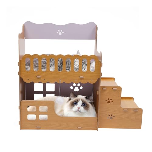Casa de gatos de cartón de 2 niveles, forma de desván, alfombrilla para rascar gatos, cueva para gatos con tabla rascadora, para montar, con hierba gatera, 72 x 30 x 60 cm, color madera natural