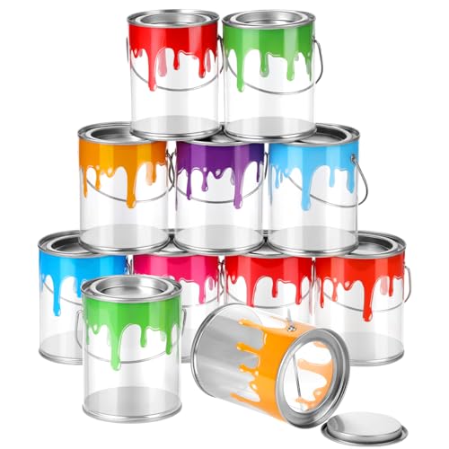 Reallnaive 12 Pcs Art Paint Party Favors Supplies, Clear Empty Paint Cans with Lids, Mini Plastic Buckets, Small Transparent Containers for Treats Candy Crafts DIY Decor (3.35 x 4.92 Inch)