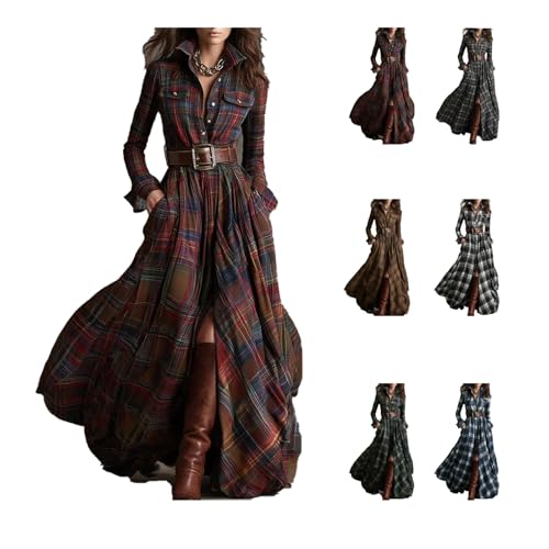 Vestido camisero a cuadros para mujer, vestido largo de manga larga con botones en la parte delantera, vestidos largos a cuadros con cuello en V, vestidos divididos con bolsillos, estilo vaquero