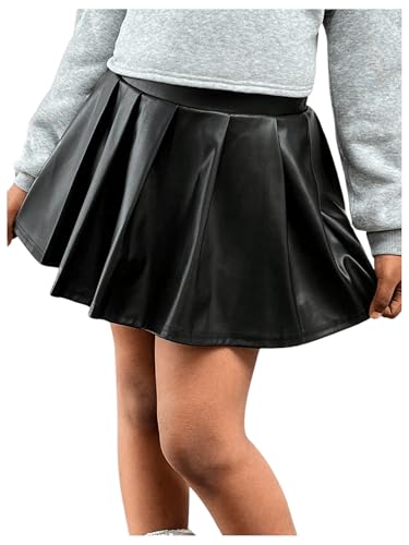 BEAUDRM Girl's Faux Leather Pleated Mini Skirt High Waisted Flared
