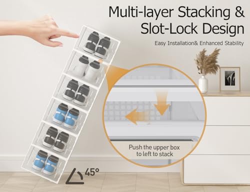 Image of Kuject XX-Large Shoe Storage Boxes Organizers Clear Plastic Stackable 12 Pack, Shoe Rack & Holder Substitute, Sneaker Containers, Shoe Storage Organizer Bins for Closet, Under Bed,White(No Fold Line)