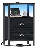 Furologee Nightstands with Charging Station, End Table with LED Lights, Black Night Stands with 2 Fabric Drawers, Bedside Tables with Shelves for Living Room/Bedroom,Black Oak