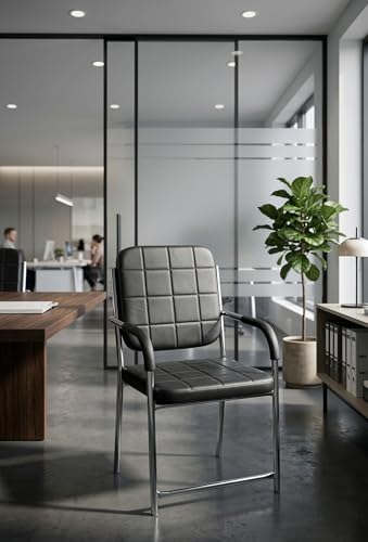 Image of RISHVIA Mid Back Office Visitor Chair with Armrest | Premium Leatherette Seat & Chrome Metal Frame | Comfortable Waiting Room /Office Guest Chair | Modern Ergonomic Design | Black