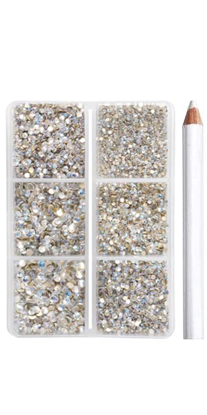 Image of Beadsland 7200pcs Flatback Rhinestones,Transparent Rhinestone Nail Gems Round Crystal Rhinestones for Crafts,Mixed 6 Sizes with Wax Pencil Kit, SS3-SS10,Transparent AB