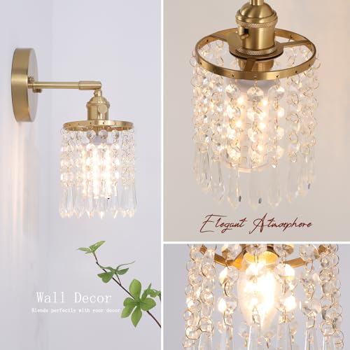 Image of Shenmoyl Crystal Battery Operated Wall Sconce, Rechargeable Battery Powered Wall Lamp with Remote Control, Modern Dimmable Wireless Wall Lights Fixture for Bedroom Bathroom(Transparent, Gold Base)