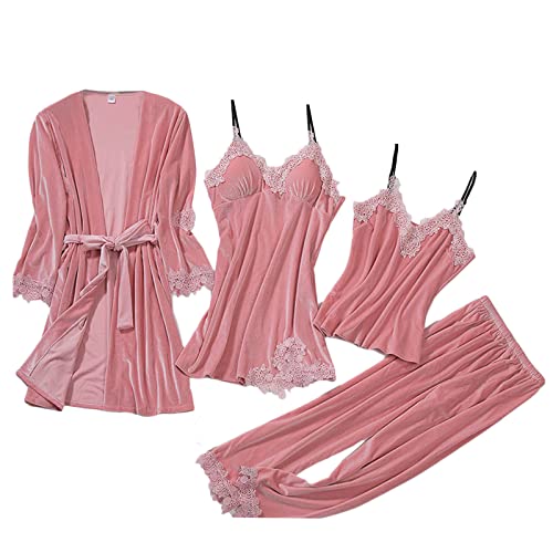 POSSIDEA Women's Velvet Pajama Set 4pcs Floral Lace Trim Sleepwear with Robe, 1# Pink, Large