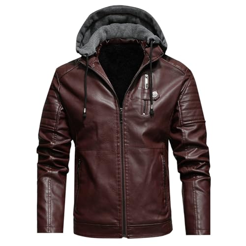 XUNRYAN Mens Faux-Leather Jacket Sherpa Lined Fleece Coats Winter Warm Military Flight Jackets Weighted Trucker Coat Pockets