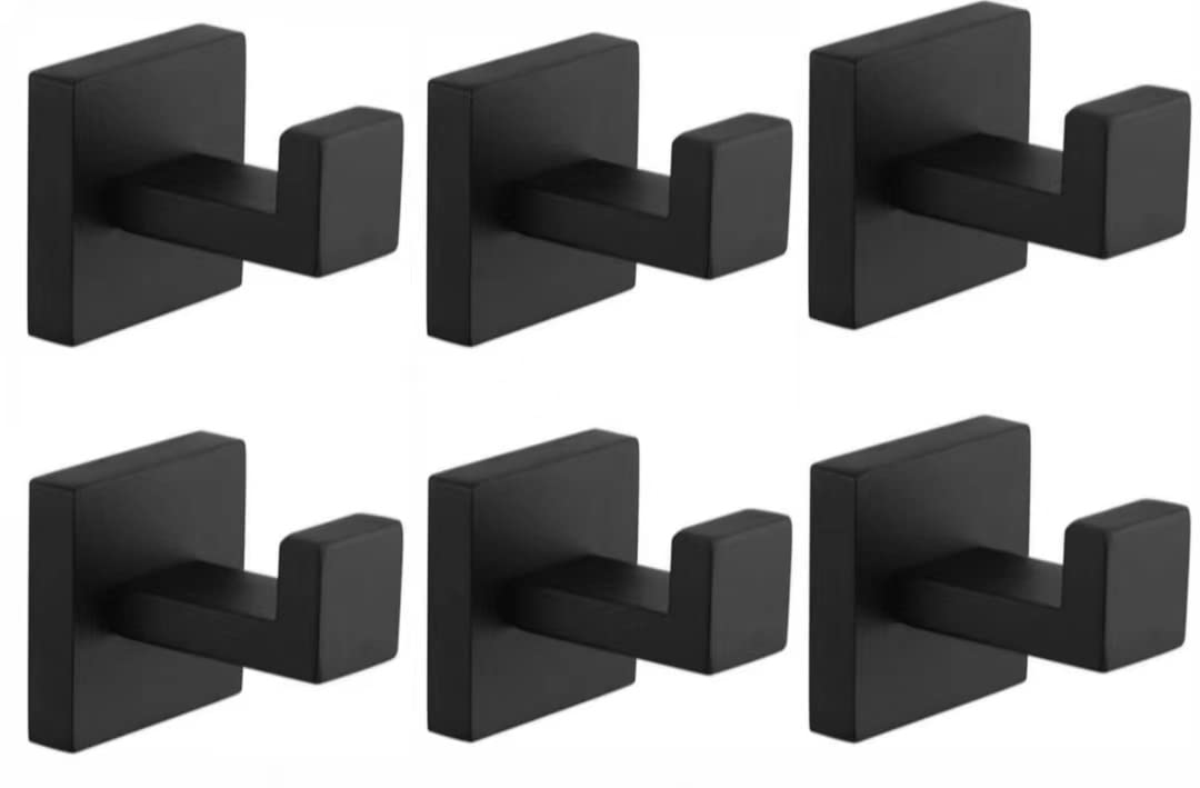 6 Pack Square Towel Hooks for Bathrooms, Black Towel Hook for Kitchen Bathroom, SUS304 Stainless Steel Coat Hook, Heavy Duty Holder Robe Hooks for Hanging Towels, Coats, sponges, Wall Mount