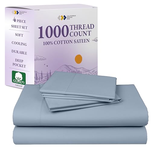 California Design Den Bed Sheets Queen Size Set - Luxury 1000 Thread Count Sateen, Thick and Natural 100% Cotton Bed Sheet, Deep Pockets, Soft, Breathable and Durable Bedding Set - Blue