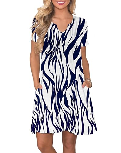 PLOKNRD Damen Sommerkleid 2025 Elegant Plissiert Freizeitkleid Gekerbter V-Ausschnitt T-Shirt Kleid Knielang mit Taschen(Blatt Navy Weiß,L
