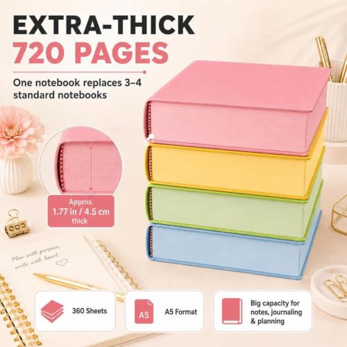 Thickened Color Brick Notebook, A5 Super Thick Hardcover Journal, 720 Pages Color Brick Book, 80GSM Bleedproof Paper Thick Journal, Soft PU Leather Notebook for Notes, Lists (Pink) - Image 3